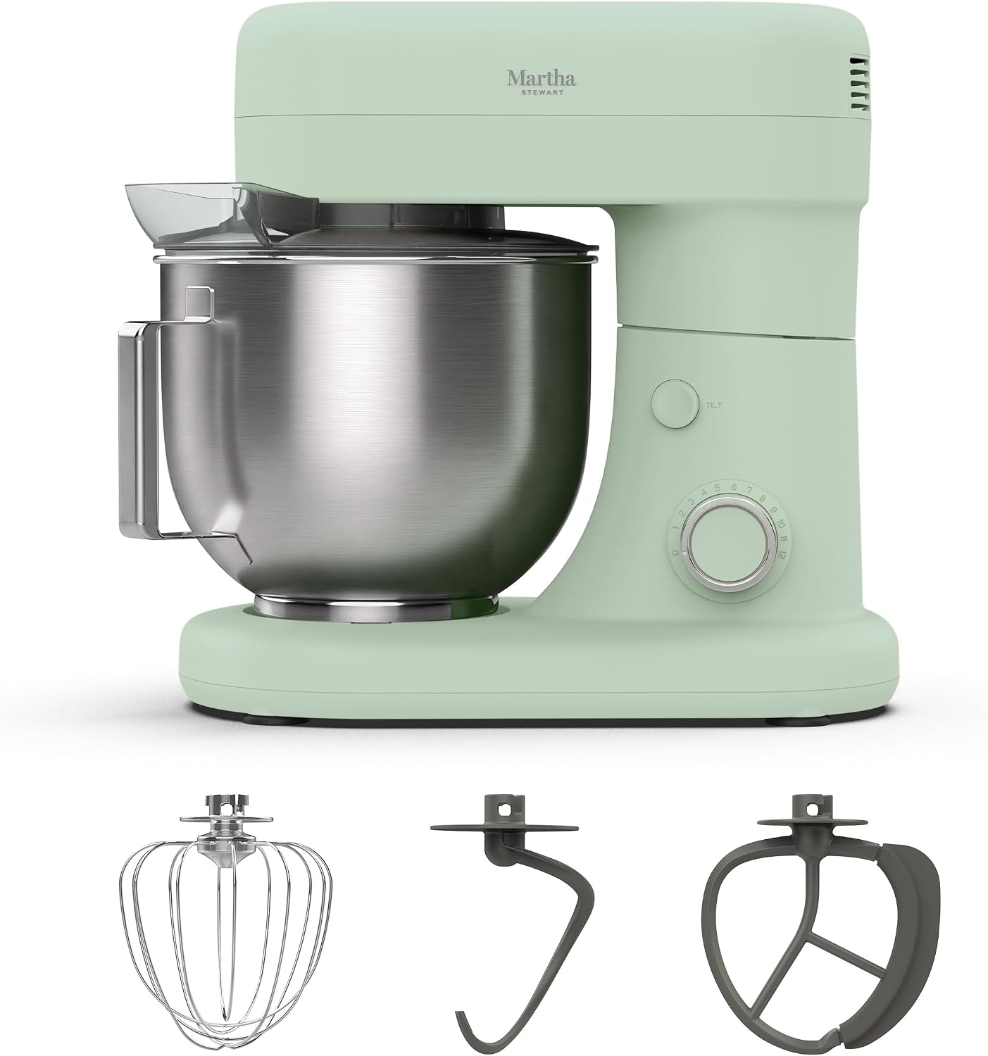 Martha Stewart 5.3Qt Stand Mixer, 12-Speed Tilt-Head Electric Kitchen Mixer with Stainless Steel Bowl, Dough Hook, Whisk & Beater, Splash Guard, Ideal for Baking Bread, Cake & Whipping, Honeydew Green