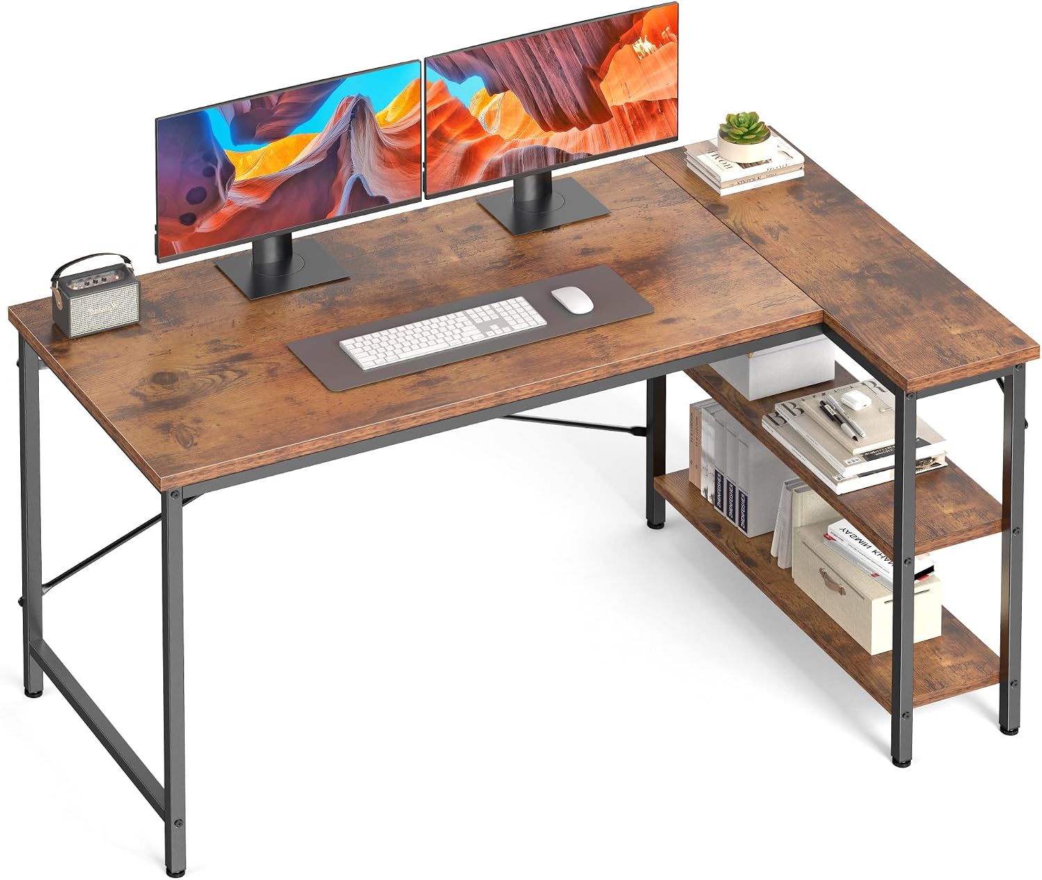 DUMOS 55″ L Shaped Computer Desk, Gaming Corner Desks with Storage Shelves | Home Office PC Table, Writing Working Study Desk with Reversible Layout, Bedroom Dorm, Rustic Brown