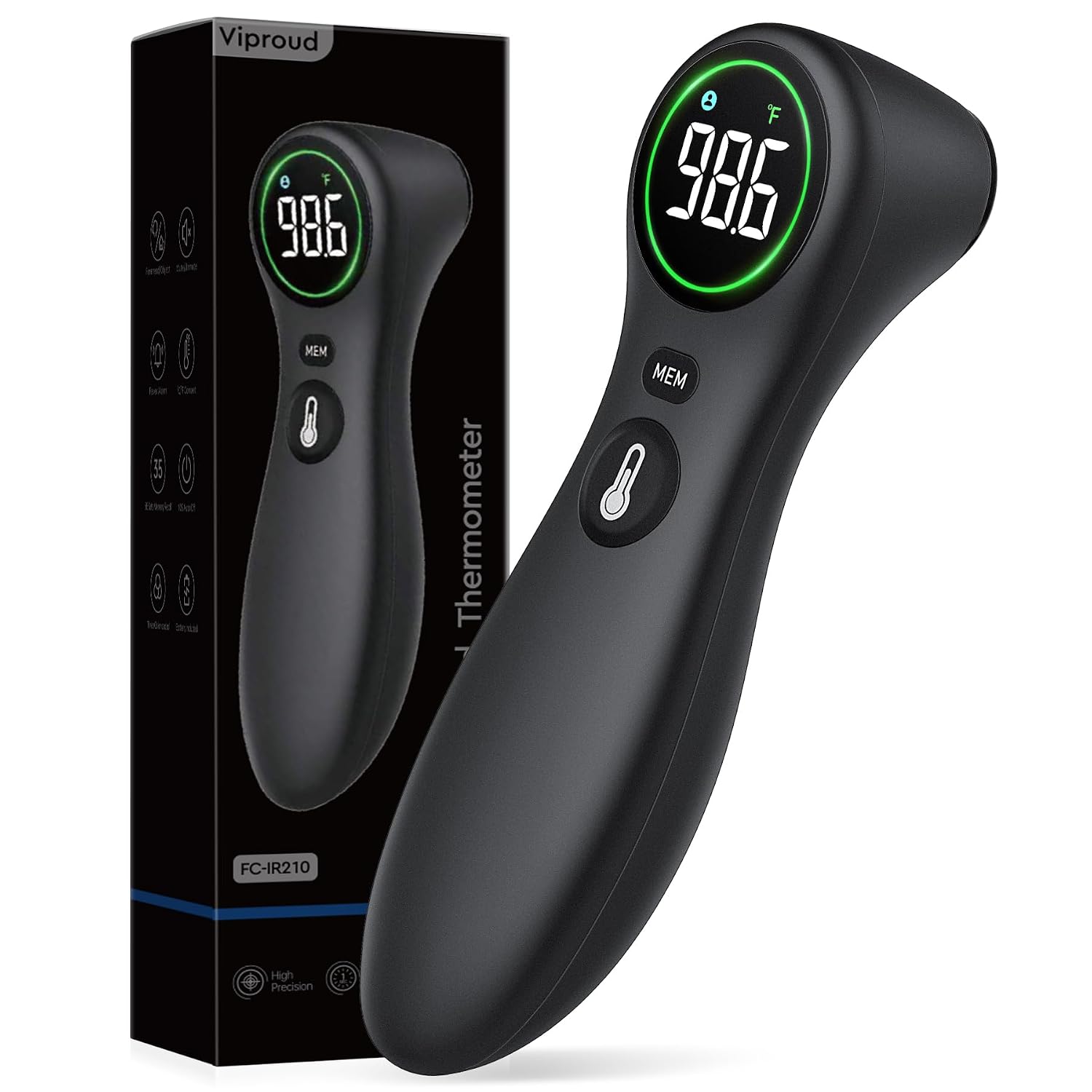 Viproud No-Touch Thermometer for Kids and Adults, 1-Second Reading (Black) | Large Clear LCD, Color-Coded Fever Indicator, Silent Mode, Forehead & Object Mode, Easy-to-use, Lifetime Support