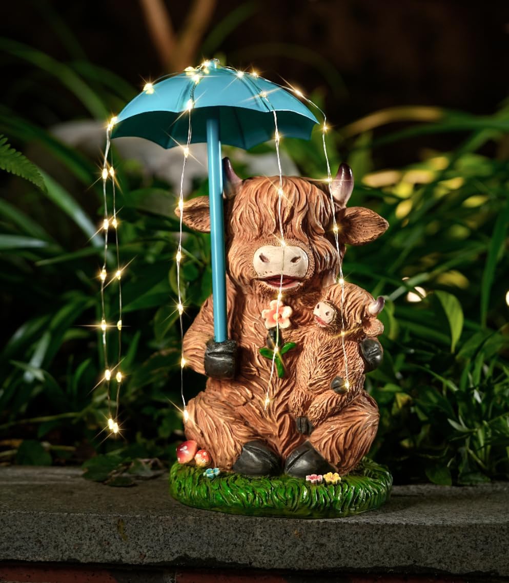Joint Honglin Solar Highland Cow Garden Statue with Raindrop String Lights, Flashing Umbrella Fairy Lights Outdoor Resin Figurine, Yard Lawn Ornament, Unique Birthday for Mom Grandma