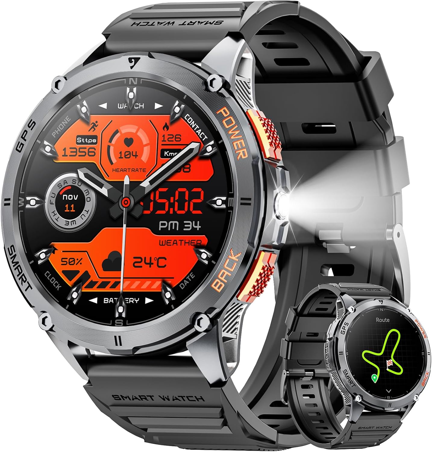Military Smart Watches for Men with GPS, 1.43″ AMOLED Bluetooth Call Smartwatch with LED Flashlight, Smart Watch for Android iOS, IP68 Waterproof Fitness Tracker with Heart Rate (Black)
