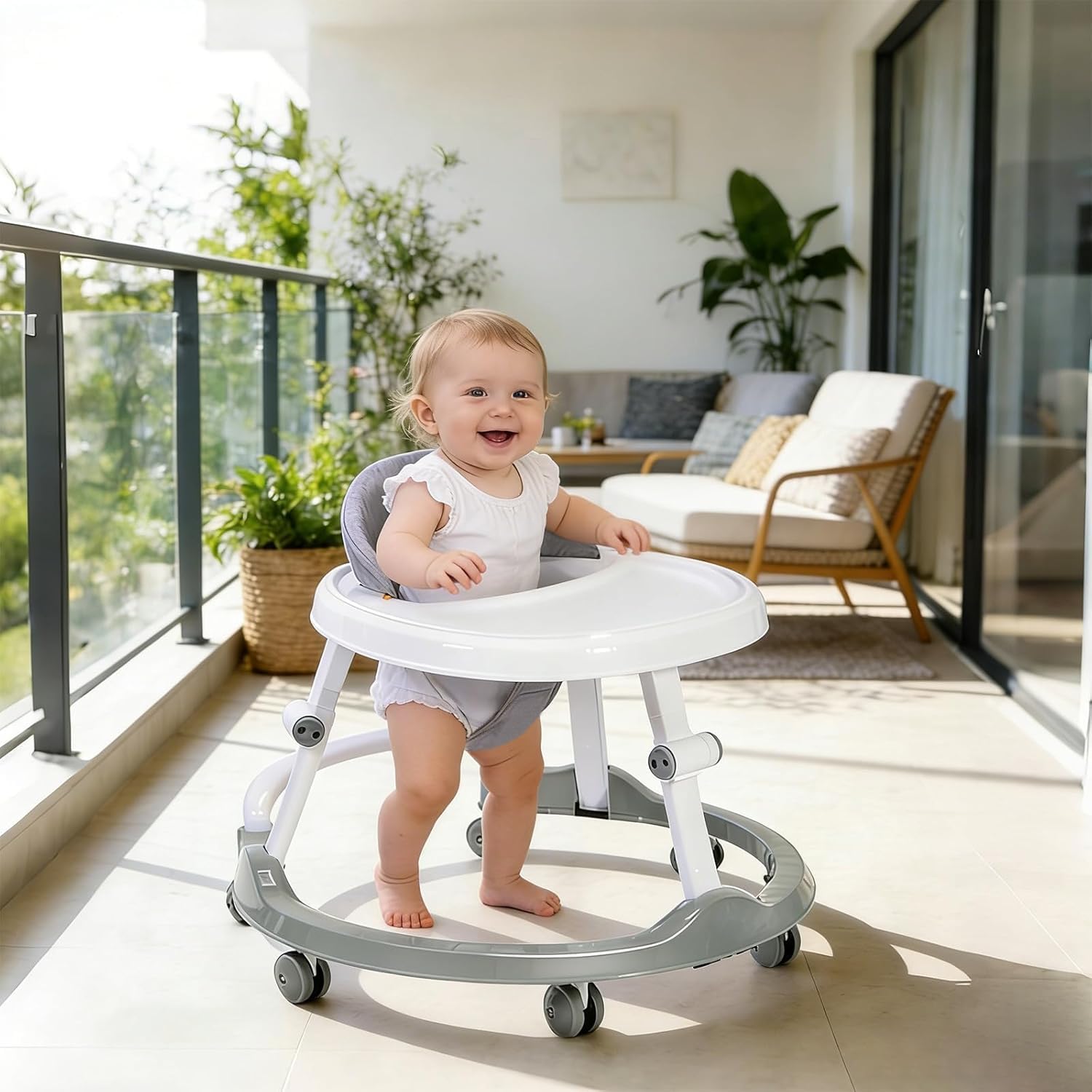 Foldable Baby Walker for Infants 6 Months+, Baby Activity Walker with Entertainer Tray, Lightweight Compact Space-Saving Design, Adjustable Height, Supports up to 26 lbs, Grey