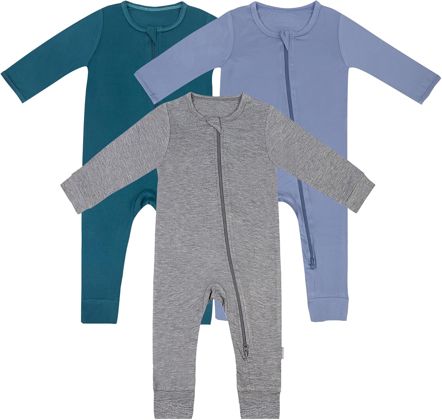 Bamboo Rayon Unisex Baby Footless Long Sleeve Romper Sleepers | 97% Bamboo Rayon 3% Spandex, tagless tag, 2-way front zipper, 3-pack unisex set all-season baby pajamas jumpsuit