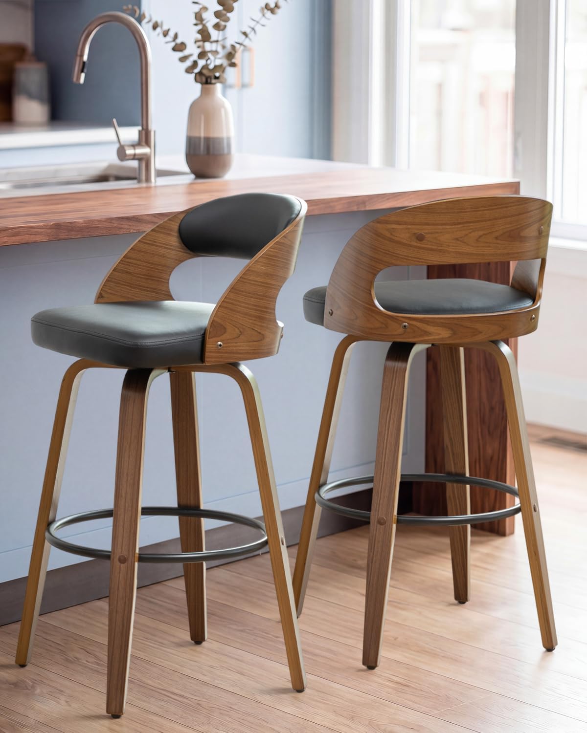 AQG Swivel Bar stools Set of 2 Bar Chairs 30″ Counter Height Mid-Century Modern Bentwood Barstool PU Leather Upholstered Bar Chair with Back and Footrest, for Bar, Cafe, Dining, Kitchen Island, Black