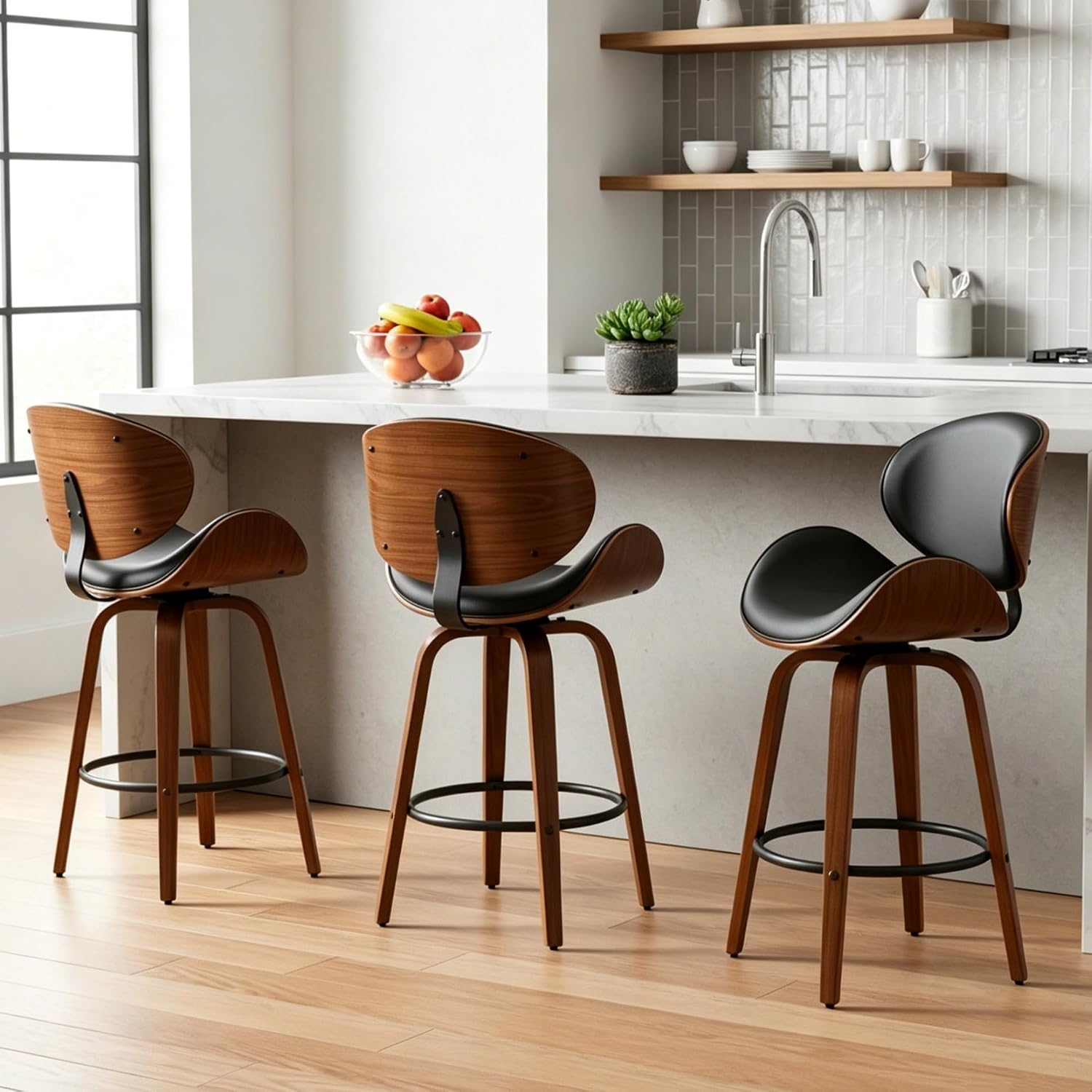 DYHOME Bar Stools Set of 3, 26 Inch Leather Upholstered Counter Height Bar Stools with Curved Seat and Backrest, 360° Swivel Walnut Wood BarStools for Kitchen Island, Bar, Cafe, Black