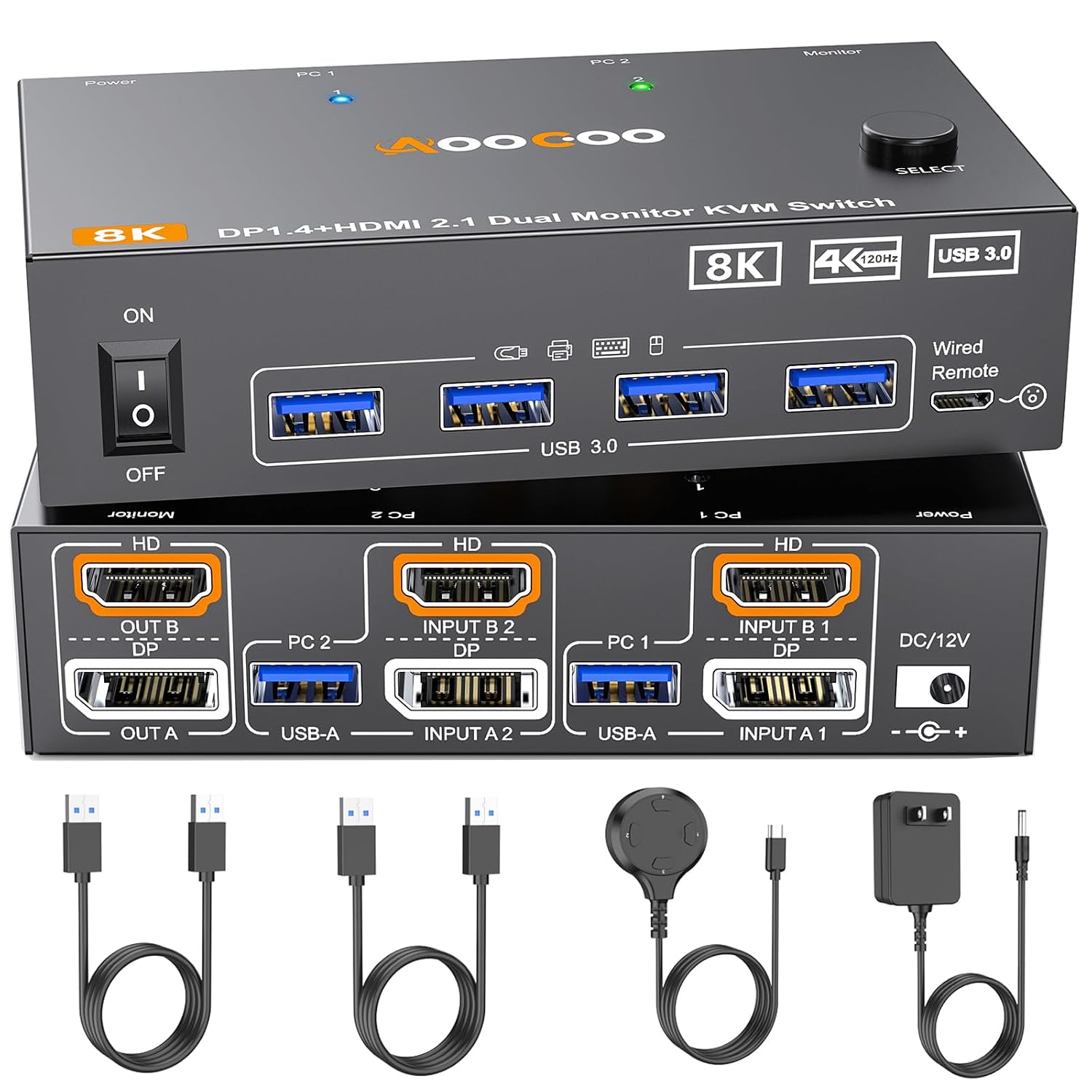 HDMI DP2.1 KVM Switch 2 Monitors 2 Computers, 8K@60Hz/4K@144Hz KVM Switch for 2 PC Sharing 2 Monitors, Keyboard, Mouse, with 2 USB3.0 Cables, Wired Controller and Power Adapter