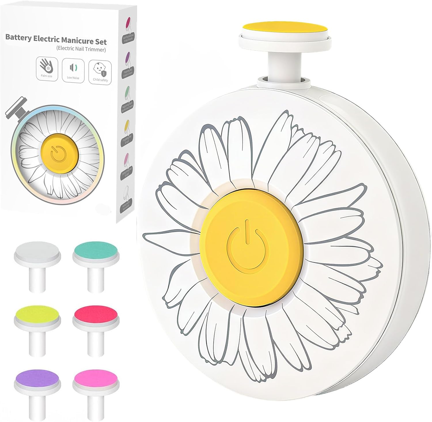 Baby Nail File Electric, Easy & Safe Baby Nail Trimmer for Newborn Infant Toddler, Whisper-Quiet Baby Nail Clipper, 6 Grinding Heads, White, Baby Shower Gift