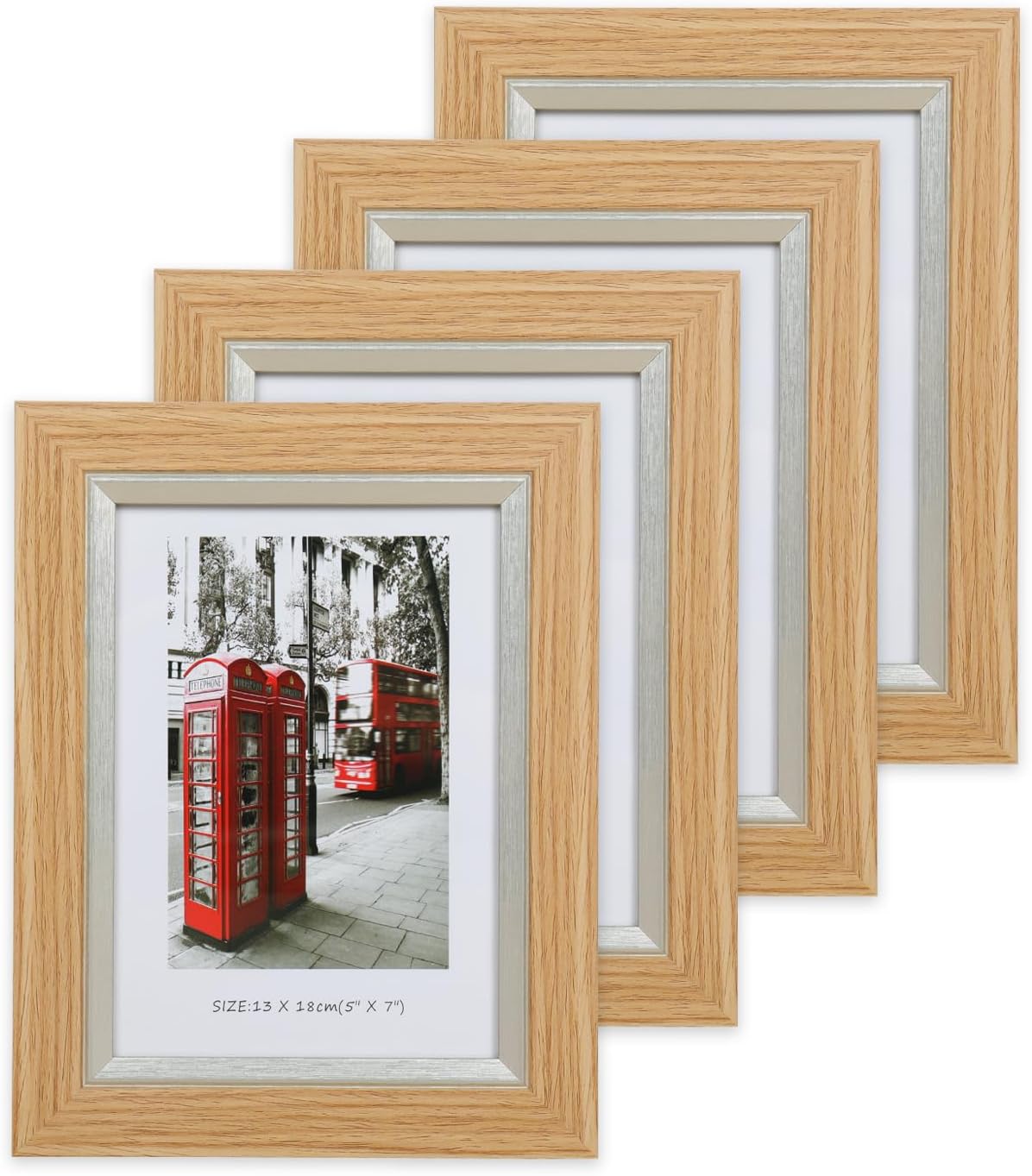 ZPAN Rustic Two-Tone 5×7 Picture Frames Set of 4, Light Natural Oak Wood Grain Picture Frame with Silver Inner Trim, Display 5×7 Pictures Tabletop & Wall Mount with Real Tempered Glass(Oak Wood Grain with Silver Trim)