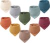 Konssy 10 Pack Baby Muslin Bandana Bibs for Drooling and Teething | 100% Cotton Bibs for Boy Girl, Soft Absorbent 6-Layer Thick Cloth, Pre-Washed Less Shrinkage, Newborn Infant Toddler