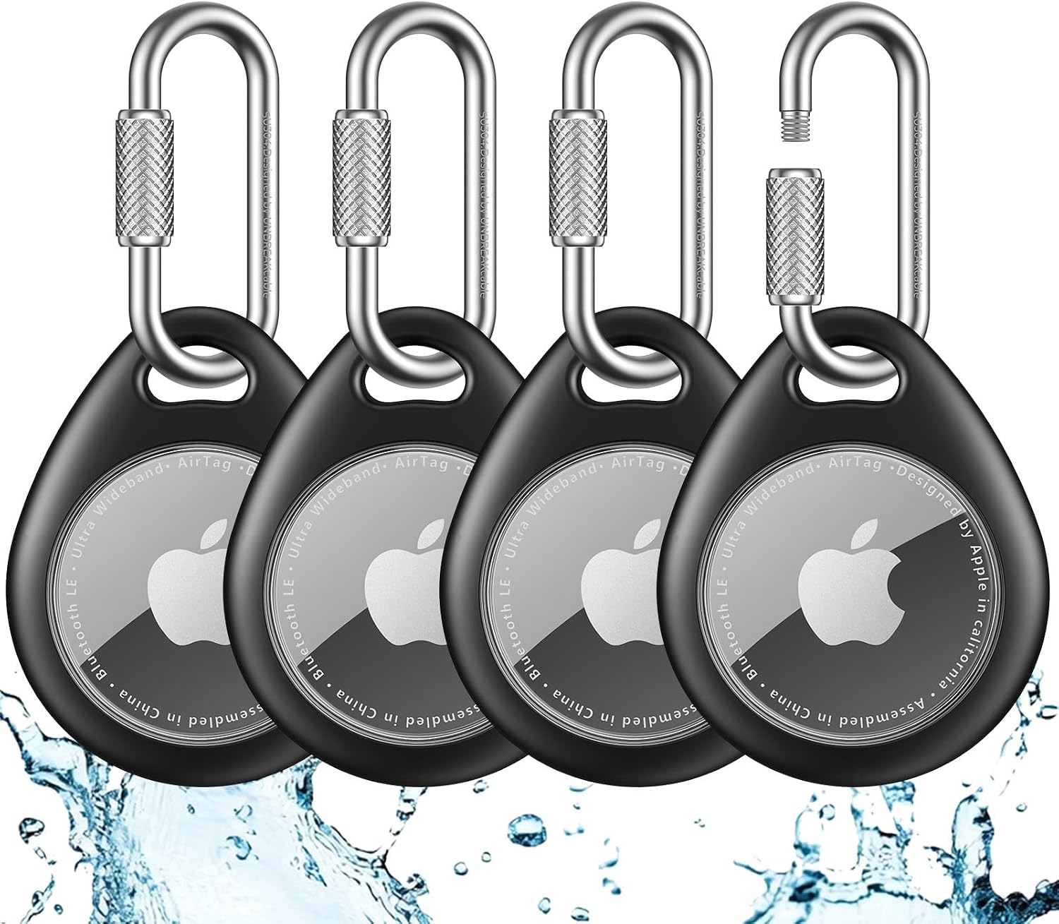 UNBREAKcable AirTag Holder for Apple – 4 Pack Air Tag Case [Professional Carabiner] [Waterproof] [Shockproof] TPU AirTag Keychain for Kids, Pets, Keys, Luggage, Backpacks