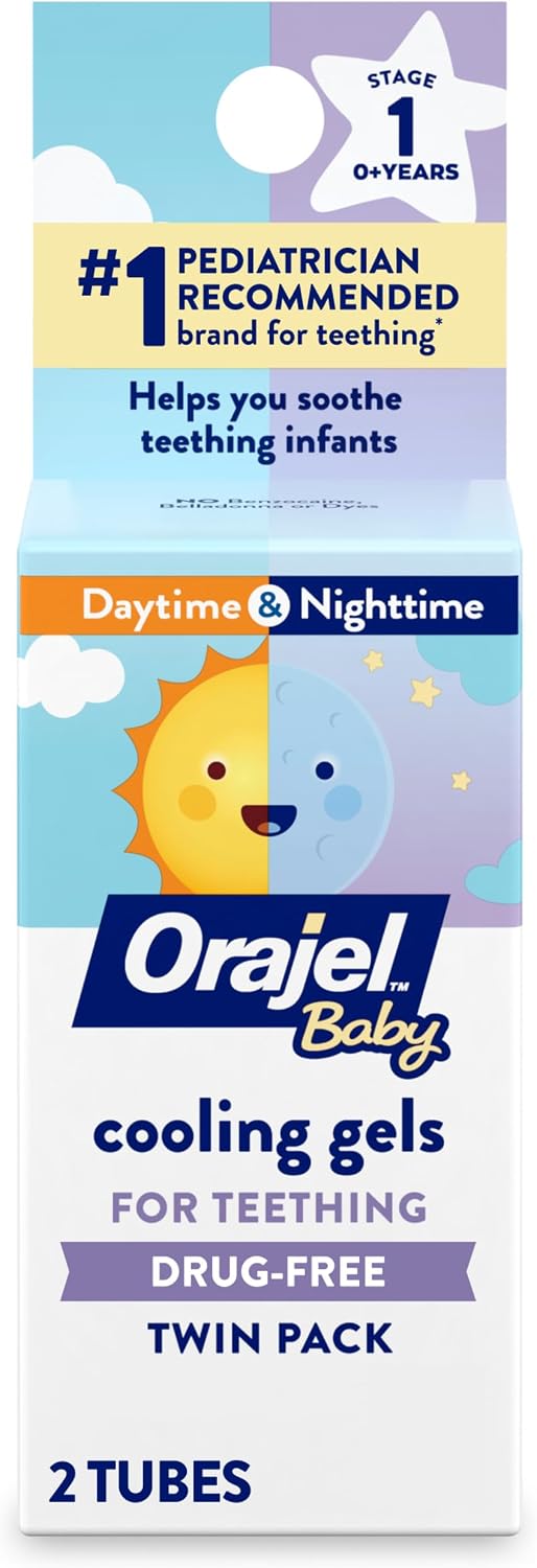 Orajel Baby Daytime & Nighttime Cooling Gels for Teething, Drug – Free, #1 Pediatrician Recommended Brand for Teething*, Two 0.18oz Tubes