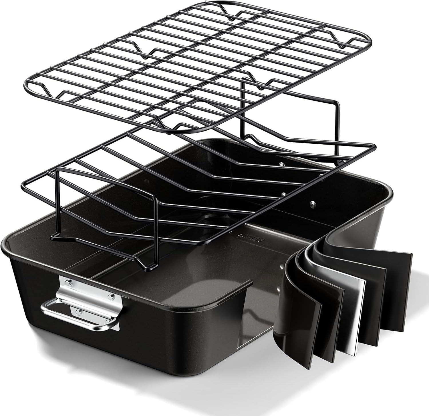 Turkey Roasting Pan with Rack Non stick Carbon Steel Roaster 16×11 Inch, Dishwasher Safe, Deep Baking Broiler Pan for Oven Chicken, Bacon, Black