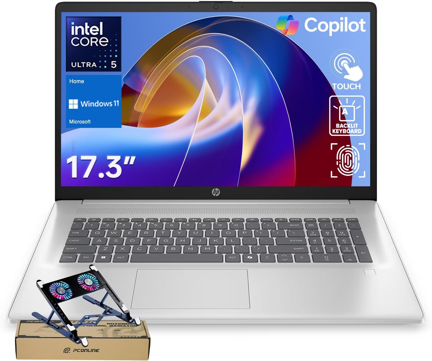 HP 17.3″ Touchscreen Business Copilot AI Laptop PC, Intel Ultra 5 225U, 16GB DDR5 RAM, 1TB SSD, Wi-Fi 6, Win11 Home, Backlit Keyboard, Webcam Shutter, Fingerprint Reader, Bundle with PCO Laptop Cooler