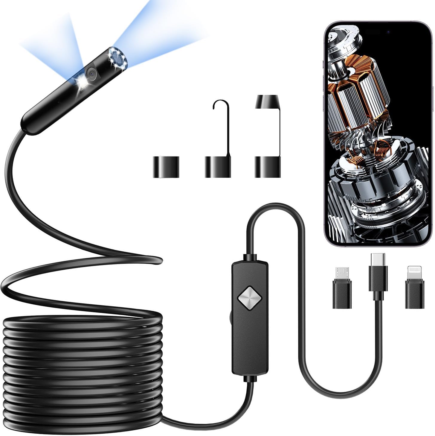 Endoscope with Light, 1920P HD Borescope with 8 Adjustable LED Lights, Semi-Rigid Snake Camera, IP67 Waterproof Inspection Tool for iPhone & Android – 16.4FT-Dual Lens (Black)