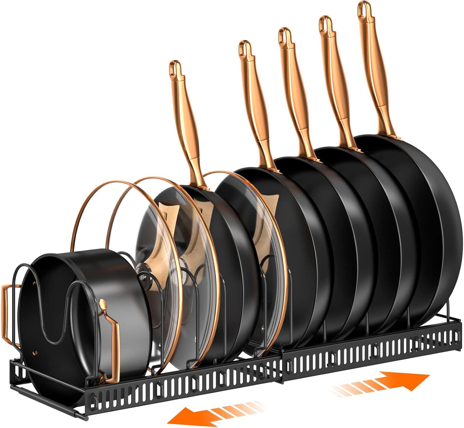 MUDEELA Pots and Pans Organizer Rack for under Cabinet, Expandable 11.81”-22.85” Pot Lid Kitchen Cabinet Organizer Holder with 10 Adjustable Compartment Cutting Board Organizer for Pan Lid, Bakeware