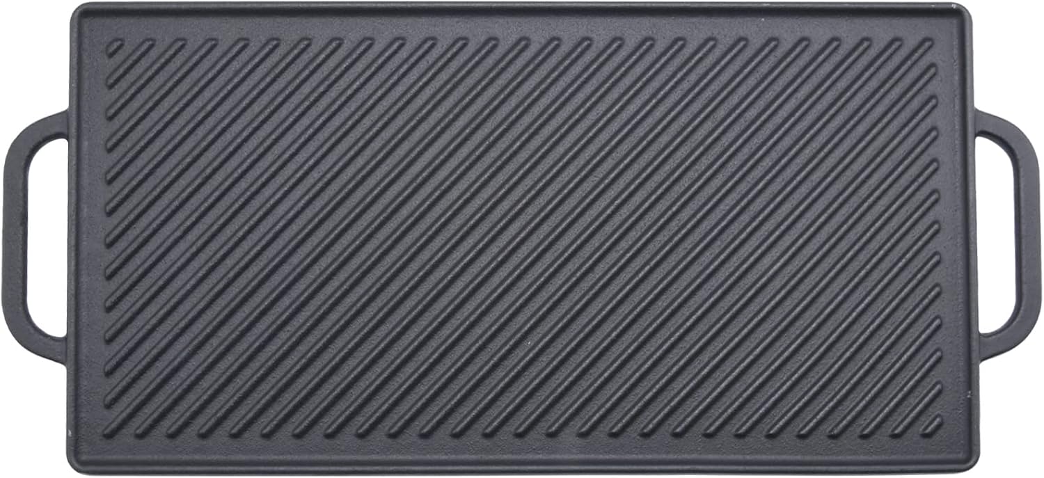 GGC Cast Iron Reversible Grill Griddle for Stove Top, Flat Griddle for Gas Grills, Flat and Ribbed Double-Side to Use, Non-Stick Griddle Plate Top Outdoor Cooking (20″ x 9″)