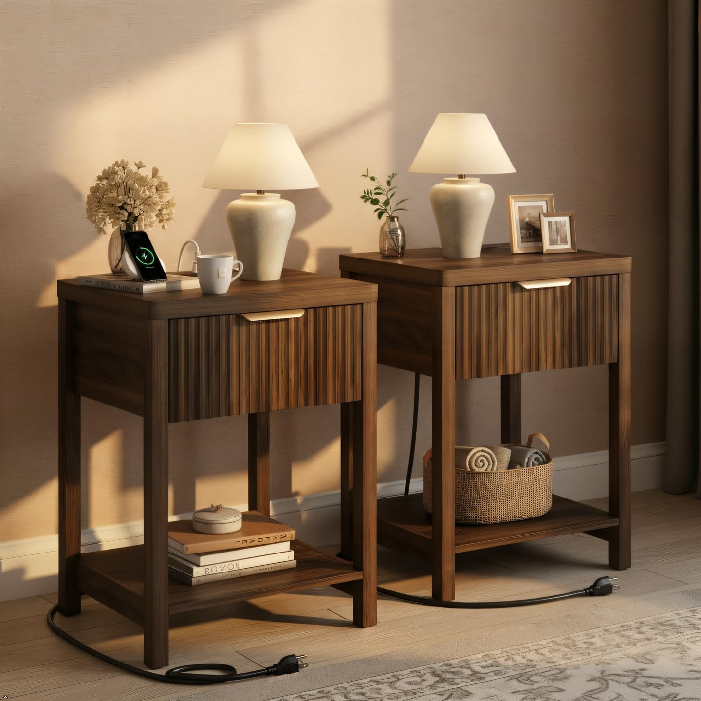 Lulive Night Stand Set 2, Fluted Nightstand with Charging Station, Wood Modern Bedside End Table with Storage Drawer for Bedroom, Save Space (Set of 2, Walnut)
