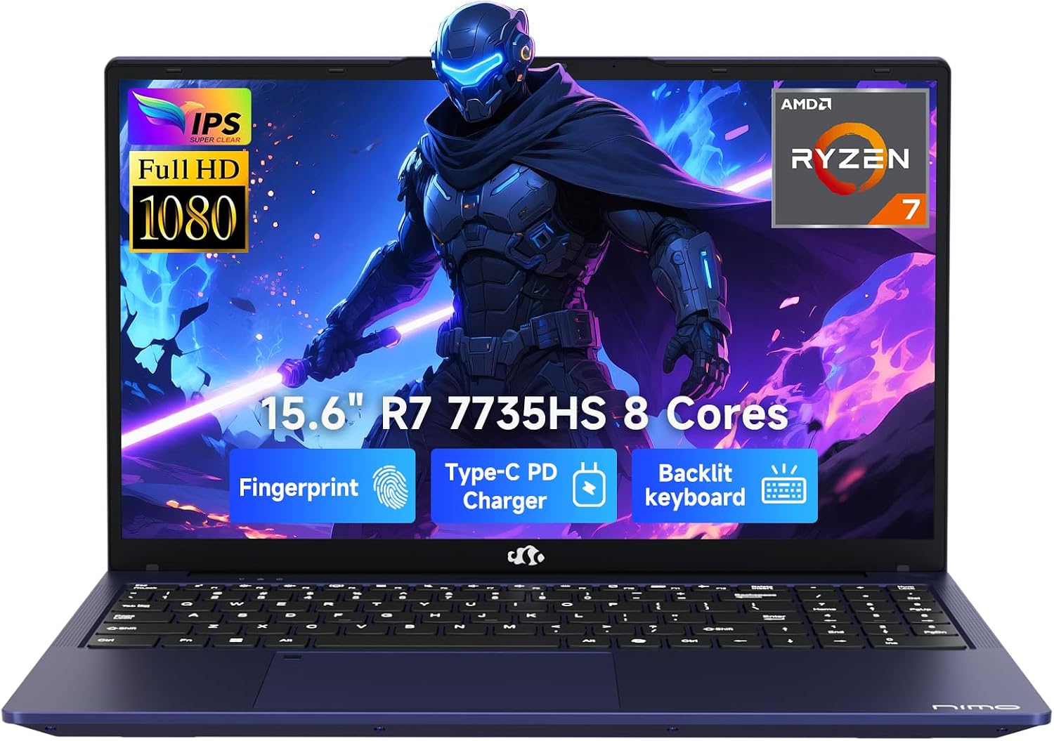 NIMO Thin & Light Gaming Laptop, 15.6″ FHD IPS Display, AMD R7 7735HS(Up to 4.75 GHz, Beat i7-12650H) Computer with 16GB DDR5 RAM 512GB SSD, 180° Vewing, Radeon 680M, Portable for Business, College