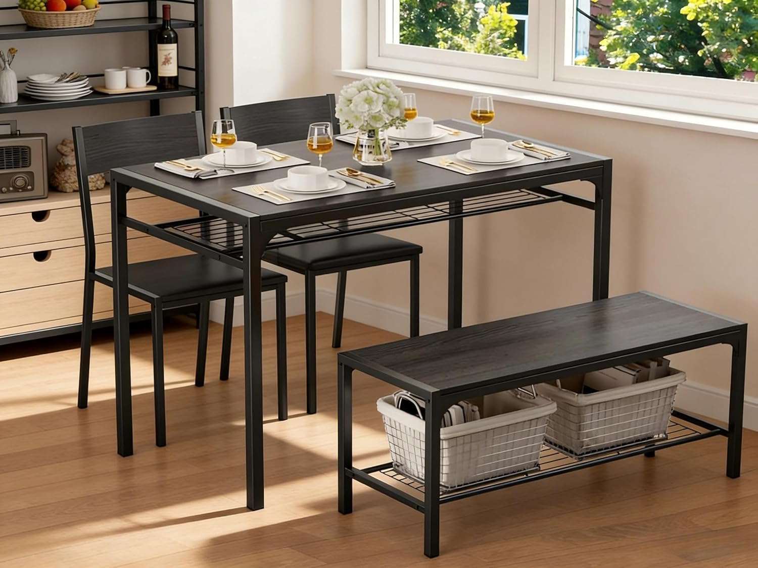 Gizoon Kitchen Table and 2 Chairs for 4 with Bench, 4 Piece Dining Table Set for Small Space, Apartment | Space-saving black 4-piece dinette set with metal storage rack. Includes 2 ergonomic chairs and 1 bench. Easy to clean.
