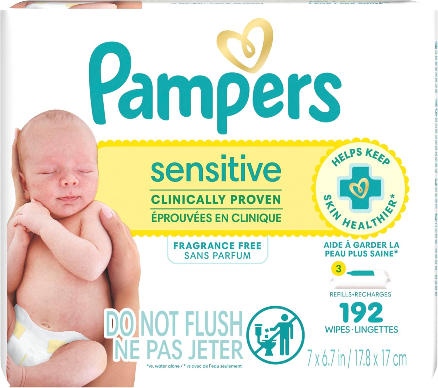 Pampers Sensitive Baby Wipes, Water Based Baby Wipes, Fragrance Free and Hypoallergenic, 192 Wipes Total (3X Refill Packs) [Packaging May Vary]
