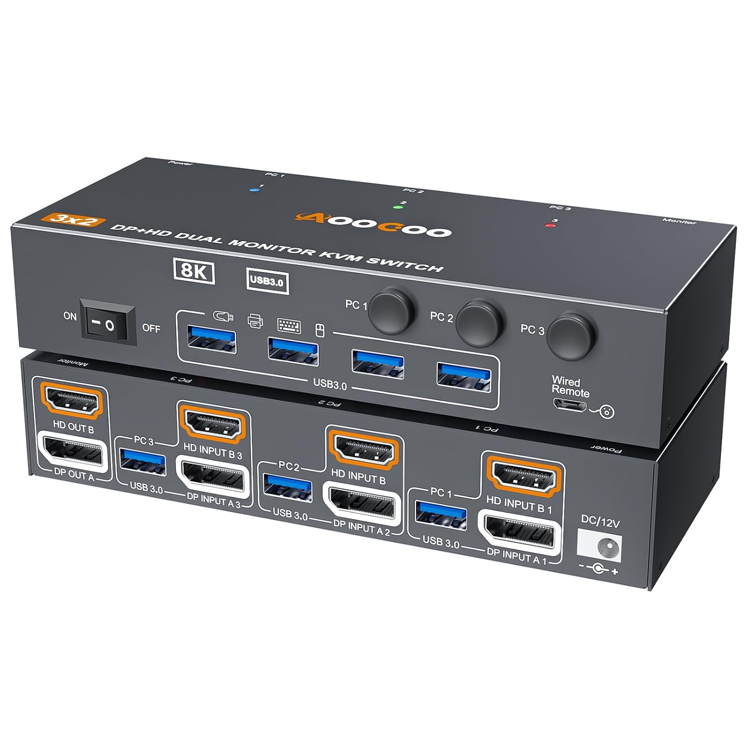 KVM Switch 2 Monitors 3 Computers 8K@60Hz/4K144Hz,DP+HDMI USB3.0 Dual Monitors KVM Switches with 4 USB 3.0 Port,Wired Remote,USB3.0 Cables Included(8K 3 PC 2 Monitor KVM)