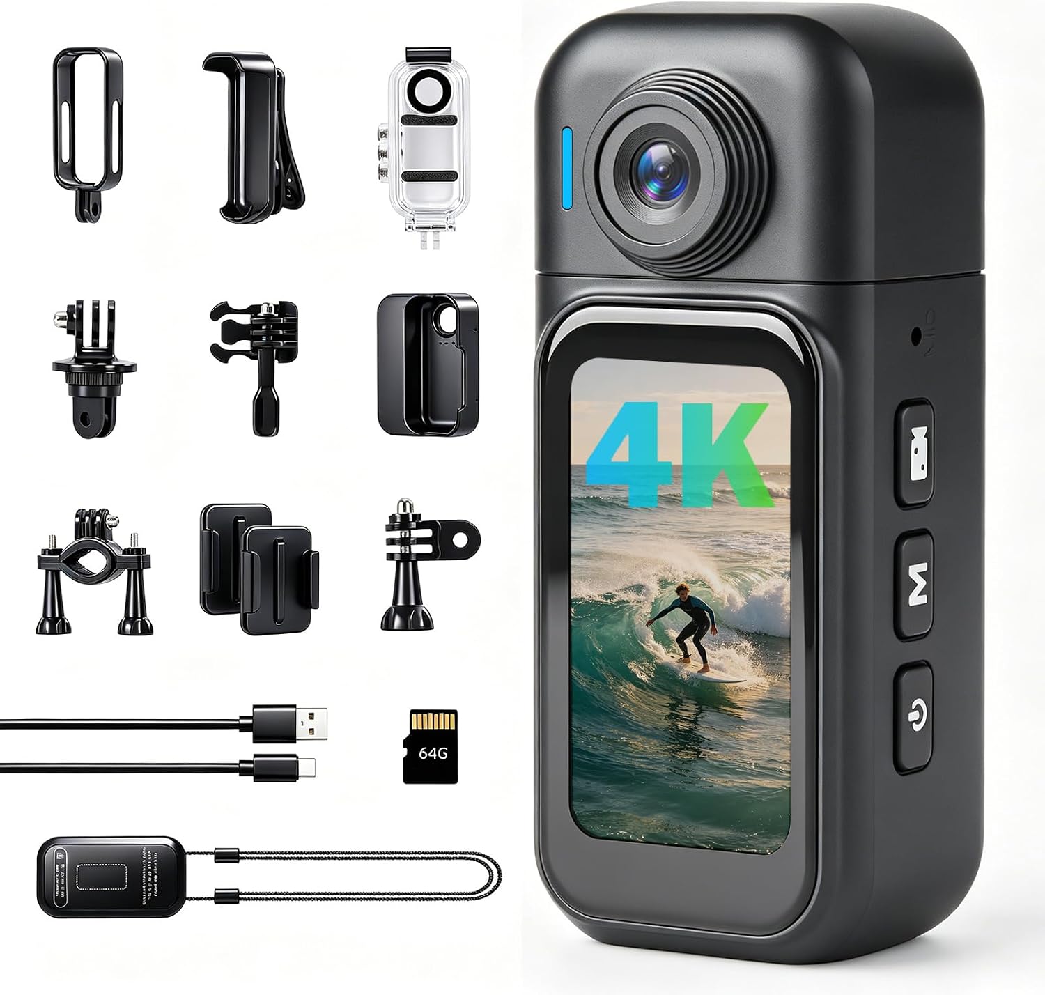 4K Body Camera – 64GB Mini Wearable POV Action Cam with 1.47″ Touch Screen & Charging Dock, 180° Rotating Lens, Waterproof Case for Vlogging Travel Sports Cycling Motorcycle Helmet(Black)