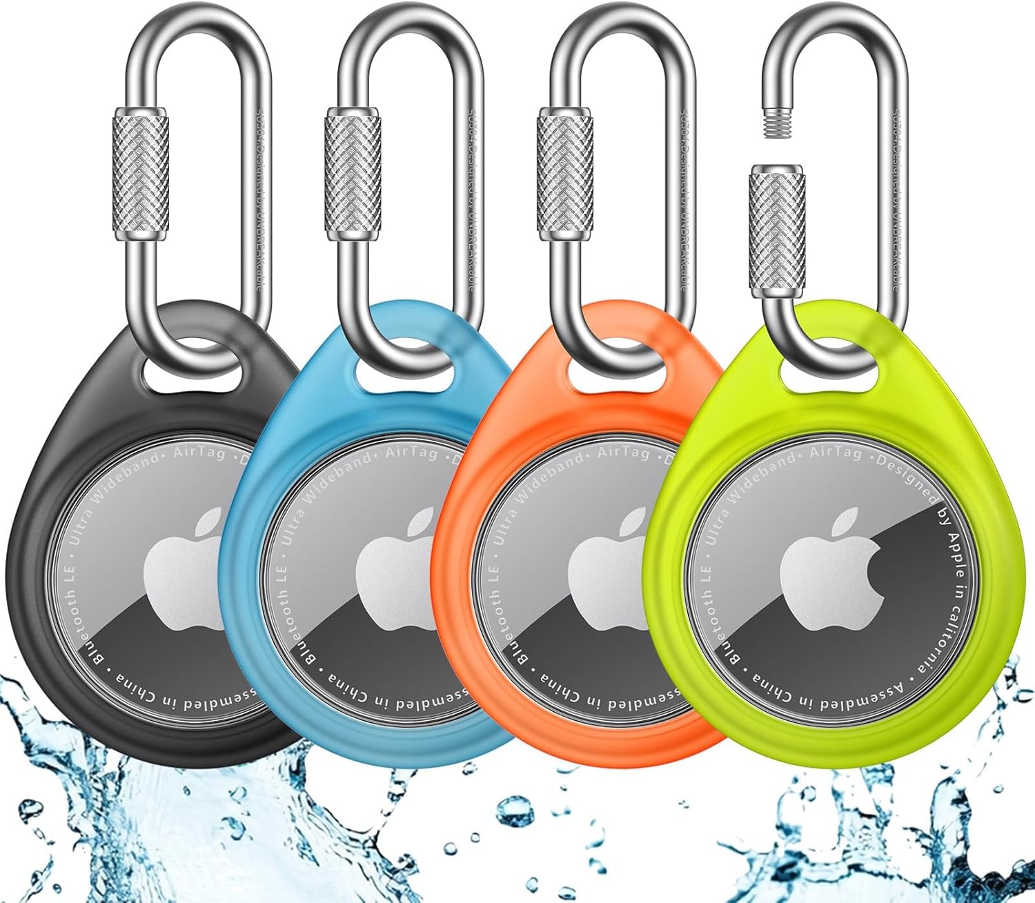 UNBREAKcable AirTag Holder for Apple – 4 Pack Air Tag Case [Professional carabiner] [Waterproof] [Shockproof] TPU AirTag Keychain for Kids, Pets, Keys, Luggage, Backpacks