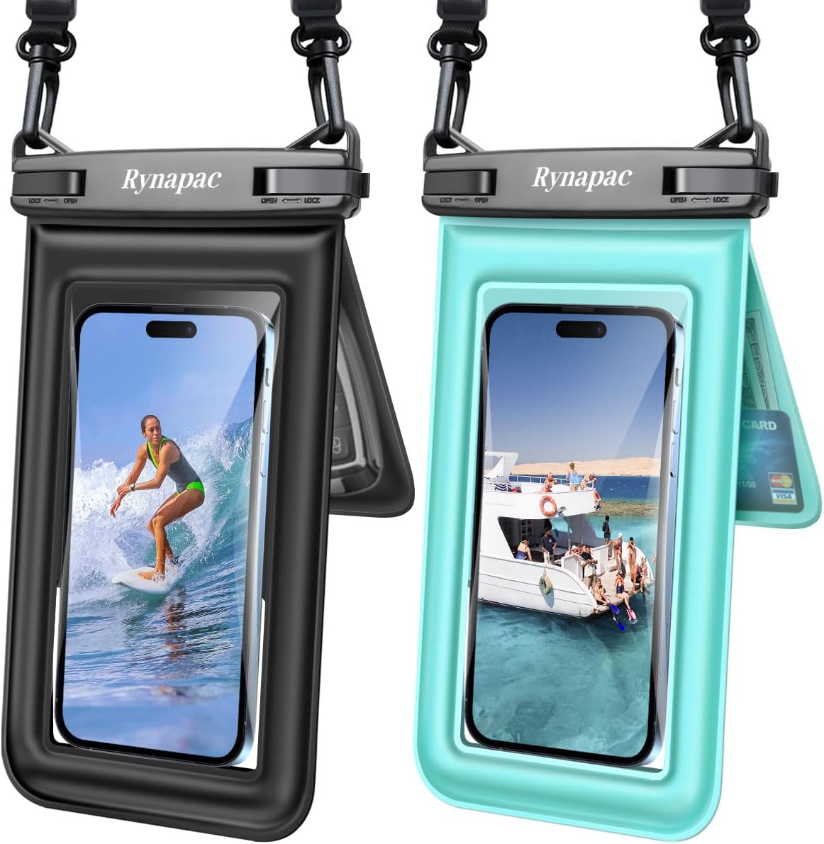 Rynapac Floating Waterproof Phone Pouch [Up to 8.5”] – 2 Pack IPX8 Double Space Waterproof Phone Case with Adjustable Lanyard for iPhone 17 16 15 14 Pro Max, TouchScreen, Beach Cruise Essentials 2026
