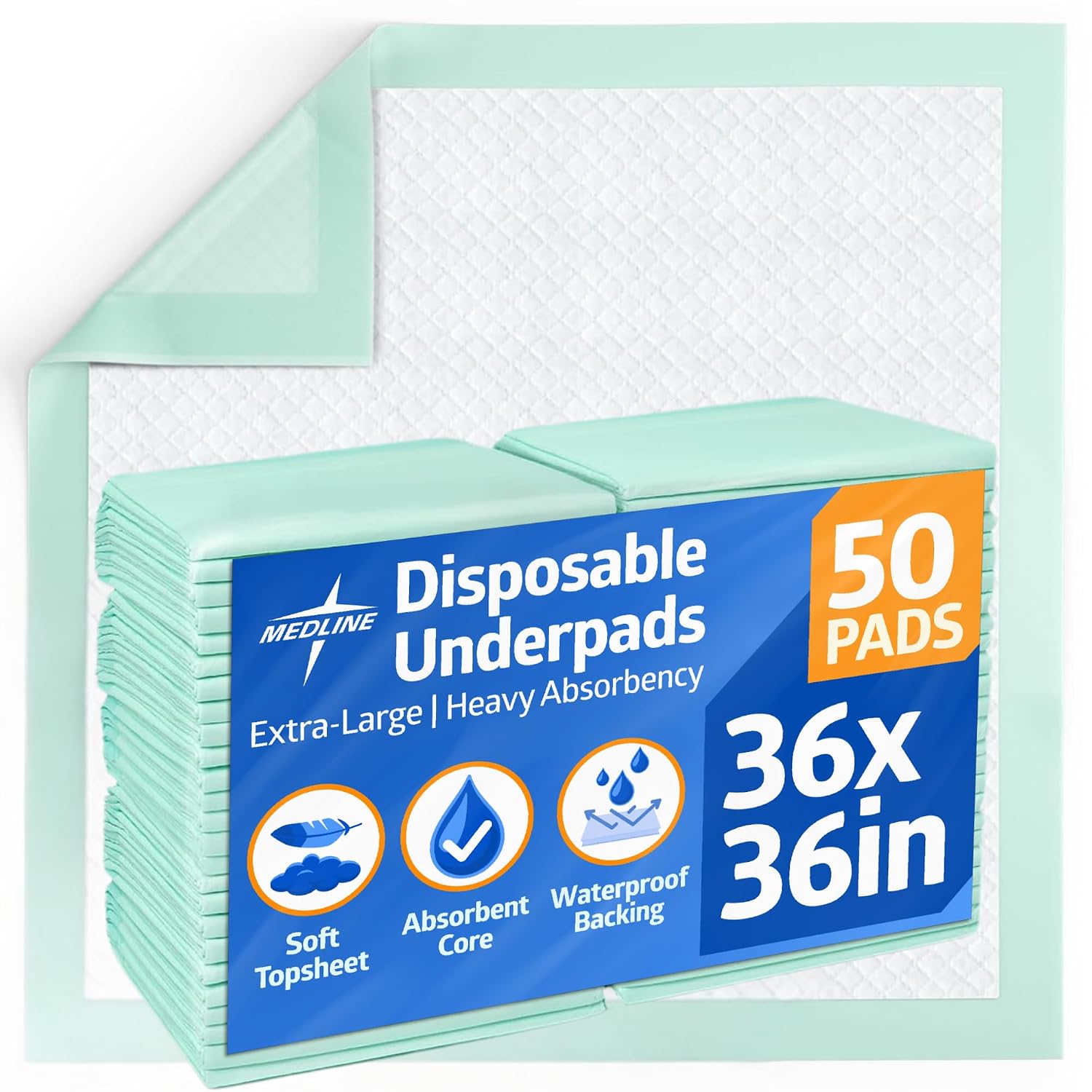 Medline Super Absorbent Underpad, 36″ x 36″, 50 Count, Extra Large Disposable Incontinence Pads, Protective Bed Pads, Chucks, For Kids, Adults, Elderly, Furniture & Surface Protection Pee Pad