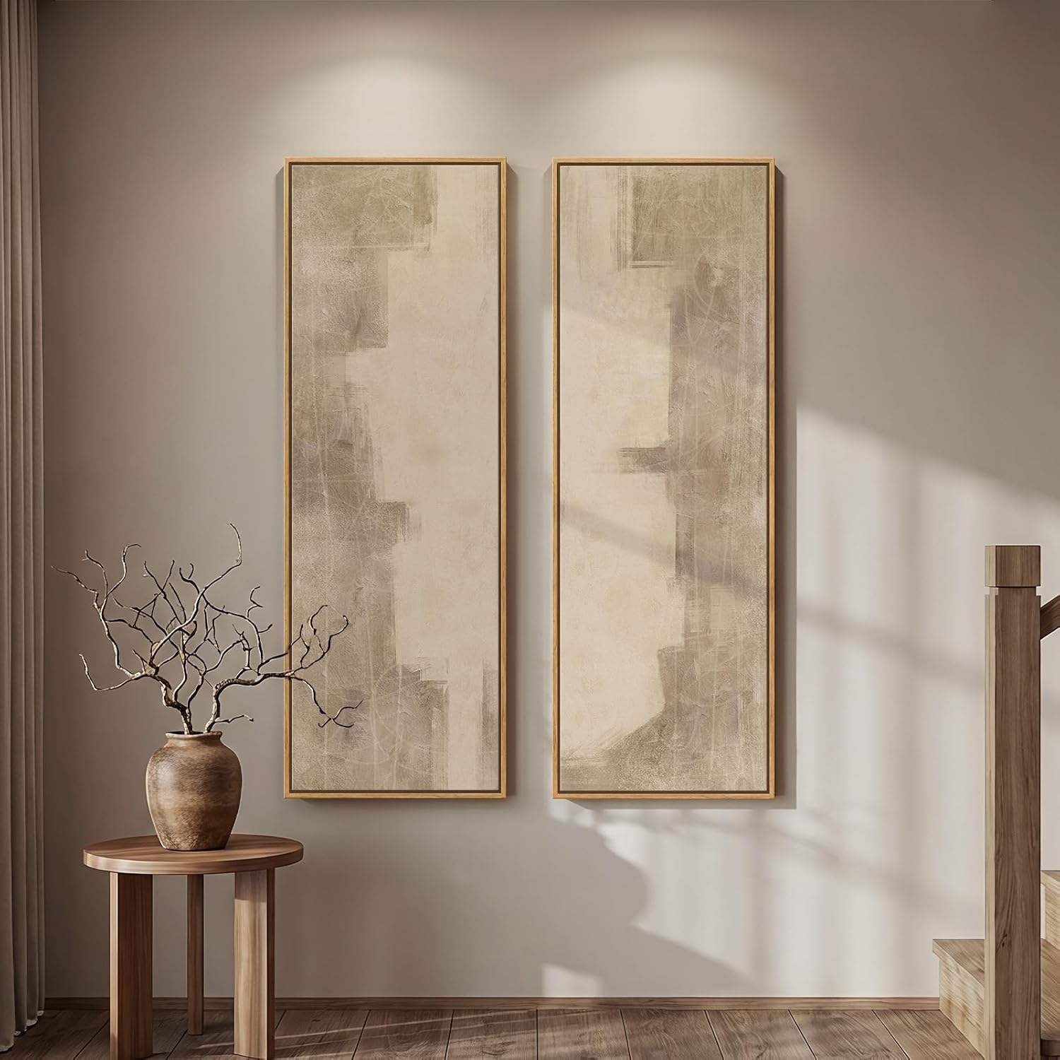 Long Narrow Framed Neutral Abstract Vertical Wall Art Set of 2, Oversized Modern Canvas Prints Paintings Artwork for Walls, Beige Minimalist Pictures for Hallway Entryway Living Room Bedroom Wall Decor