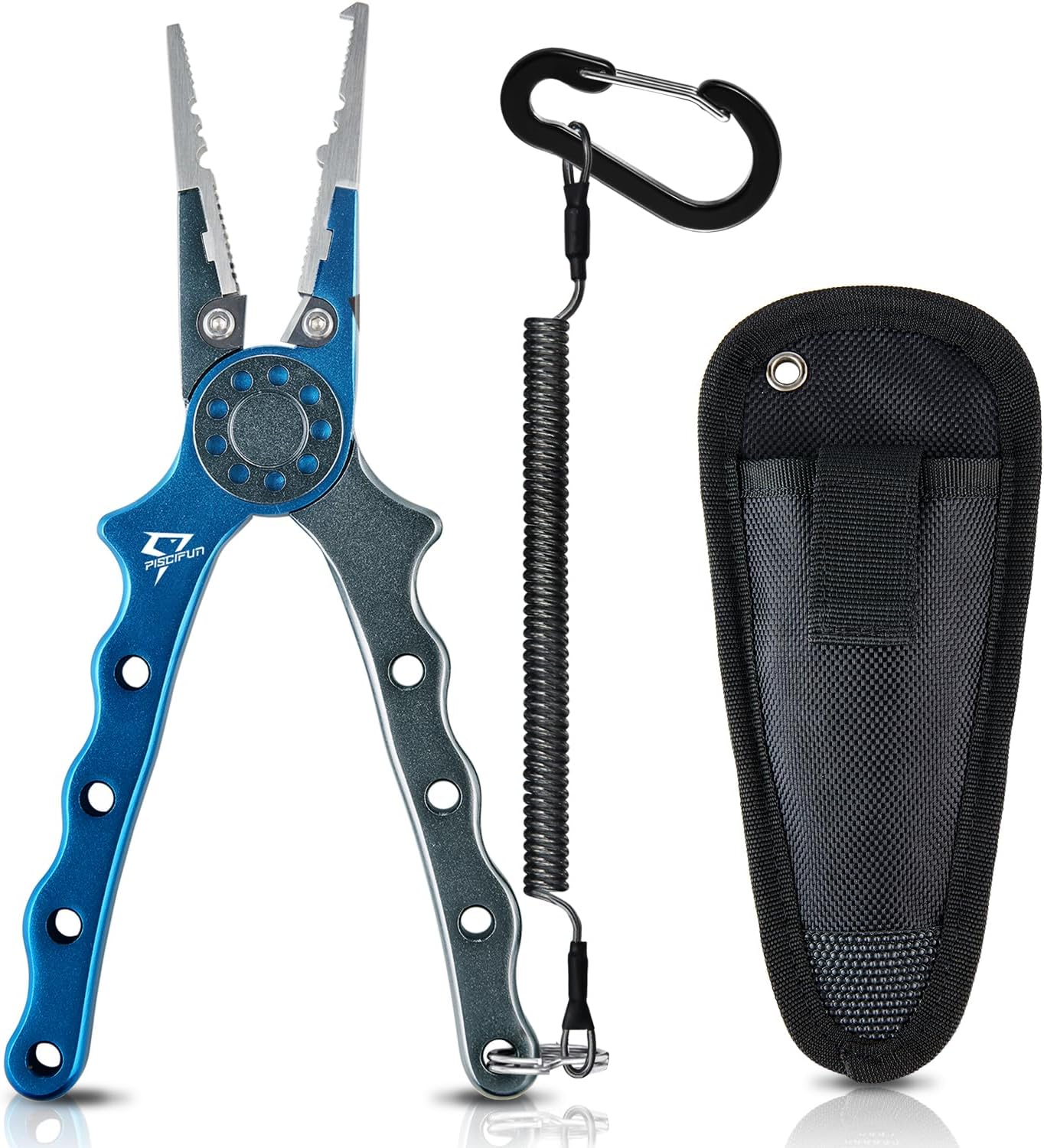 Piscifun Saltwater Fishing Pliers, Aluminum, Split Ring, Braid Cutter | Hook remover, tungsten carbide blade, spring-loaded jaws, ergonomic grip, sheath and lanyard