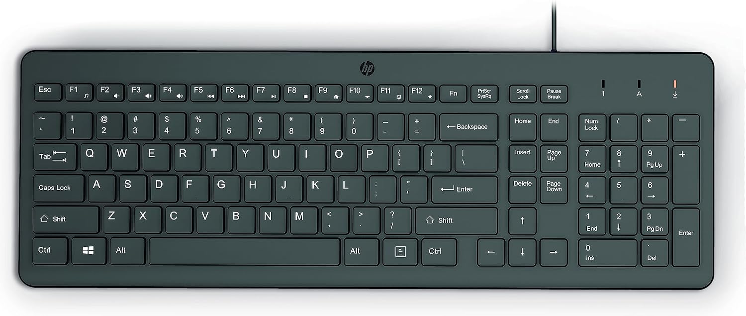 HP 150 Wired Keyboard – Full-Sized, Keyboard with Numeric Keypad – Silent-Touch Chiclet Keyboard – Ergonomic, Comfortable Design – USB Plug-and-Play Connectivity, LED Indicators (664R5AA, Black)
