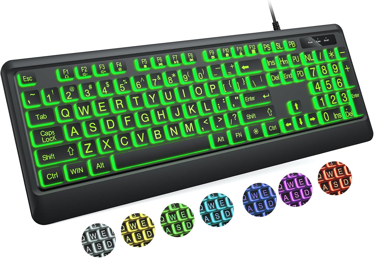 KOPJIPPOM Large Print Keyboard – 7 Interchangeable Backlight Colors, Light Up USB Wired Computer Keyboards, USB Plug-and-Play, Foldable Stands, Corded Full Size Keyboard for Windows, PC, Laptop