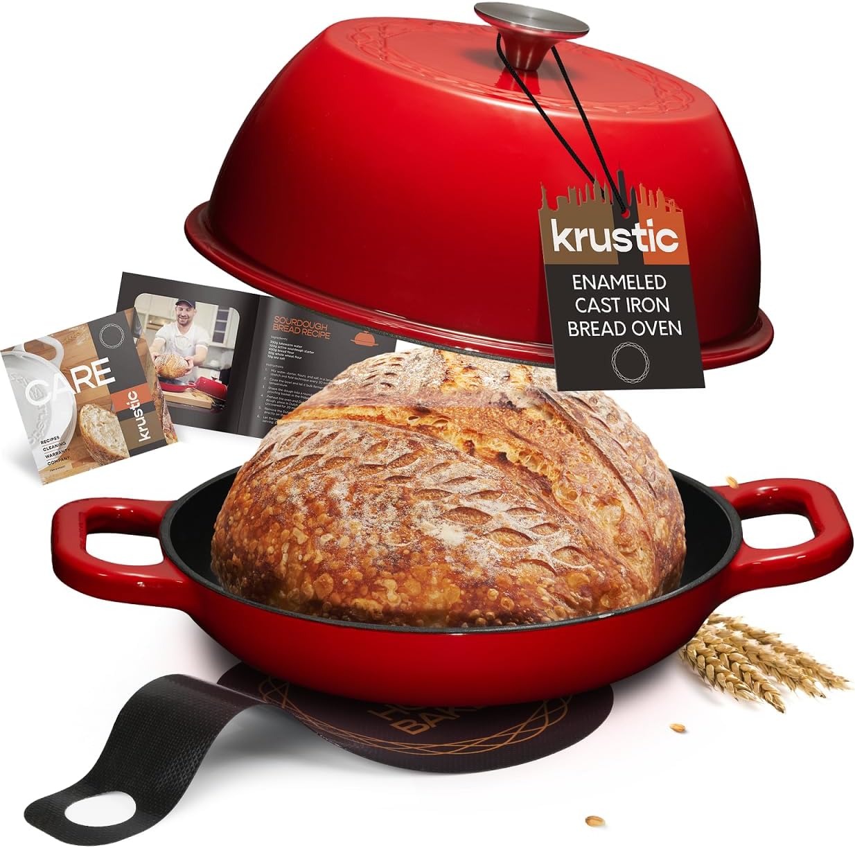 Krustic Enameled Cast Iron Dutch Oven for Sourdough Bread Baking | 6 Quart Round Pot with Lid | 10 Inch Ceramic Enamel Thick Coated Cookware Set with Non Stick Silicone Baking Mat for Cooking | 6 Qt | Red