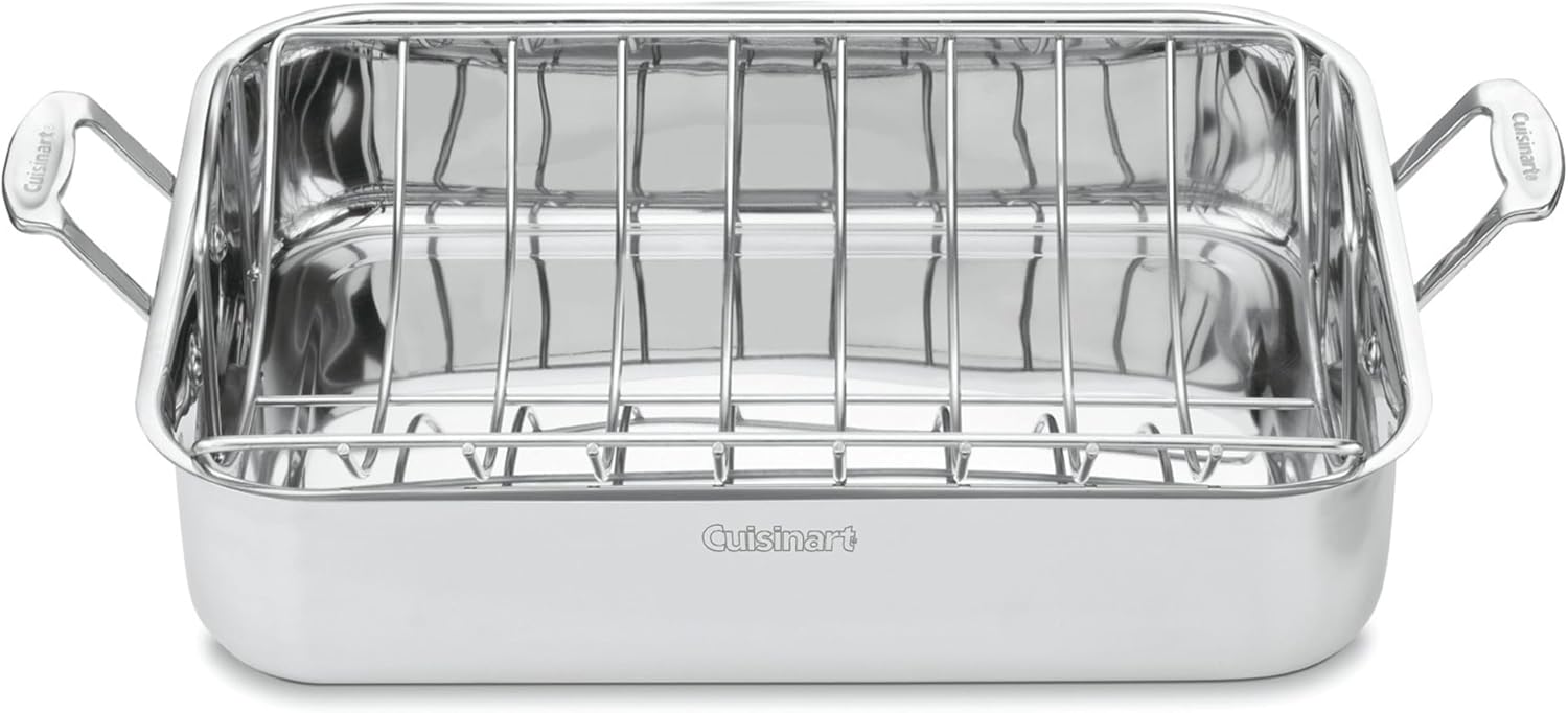 Cuisinart 16-Inch Roasting Pan, Induction Compatible Premium Rectangular Roaster Pan With Rack, Stainless Steel Roasting Pan with Rack, Large Capacity, Dishwasher Safe