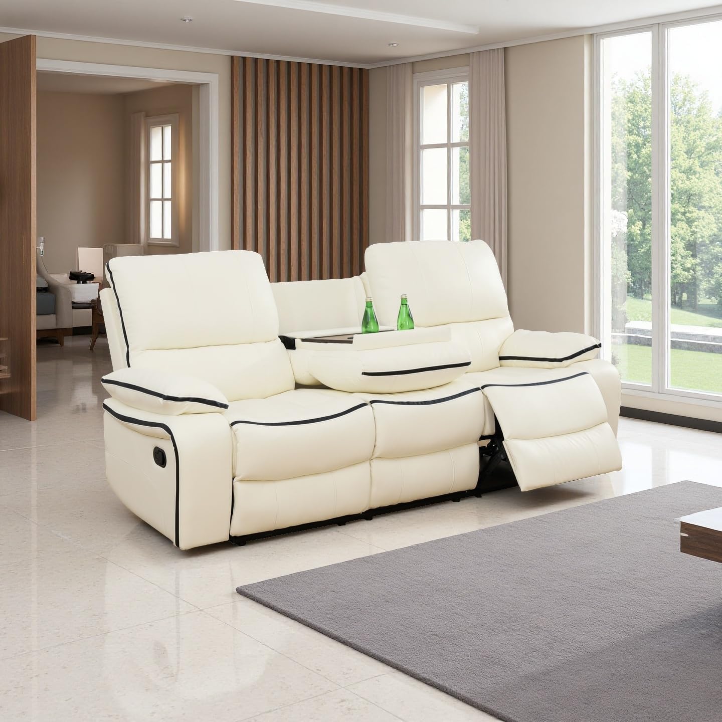 A Ainehome Manual Recliner Sofa Set with 2 Recliner for Living Room, Living Room Set, Leather 3 Seater Reclining Sofa with Drop-Down Coffee Table and Cup Holder, Manual Couch for Home/RV