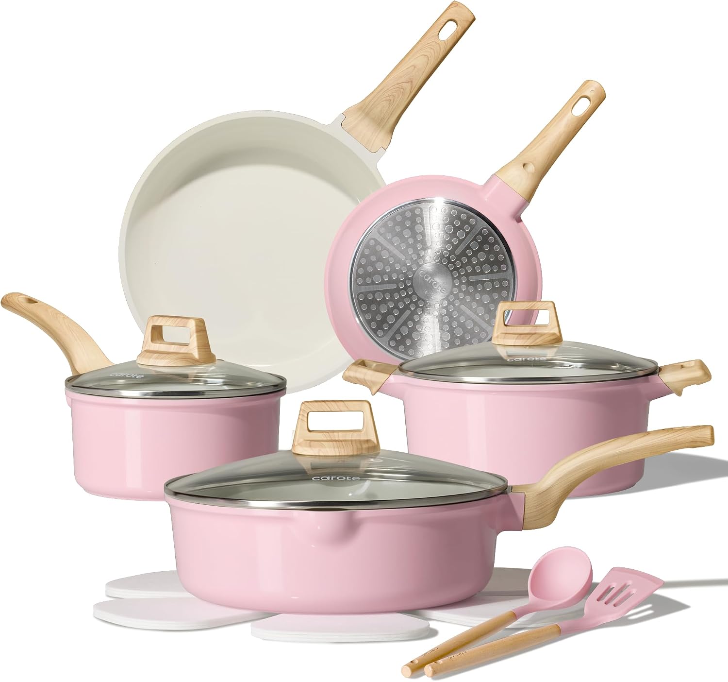 CAROTE Ceramic Cookware Set, 14 PCS Pots and Pans Set Non Stick, Pot and Pan Set with Frying pan, Induction Ready Cooking Set for Kitchen, PFOS/PFOA/PFAS Free, Pink