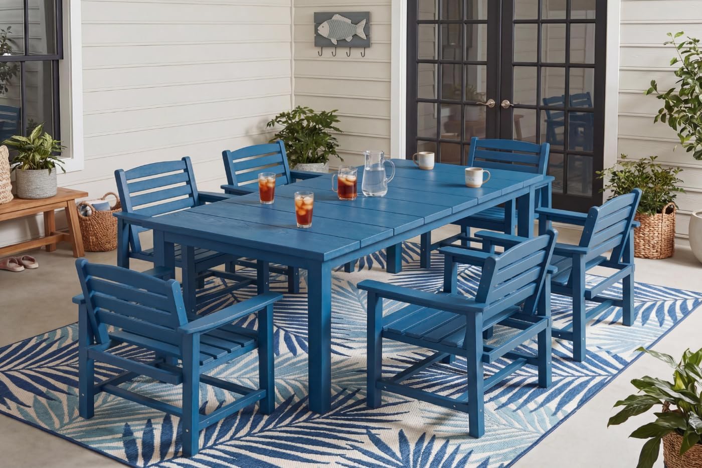 Perli™ 7-Piece Outdoor Dining Set, All-Weather HDPE Patio Furniture with 6 Ergonomic Chairs & Large Table, Built-in Umbrella Hole, UV-Resistant Set for Backyard, Deck, Poolside, Blue