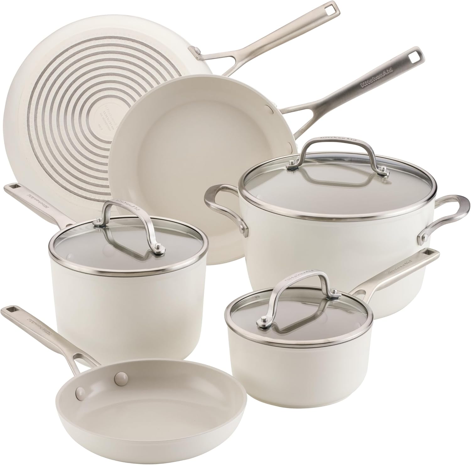 KitchenAid Hard-Anodized Ceramic Induction Cookware Set, 9-Piece Pots and Pans, Porcelain White