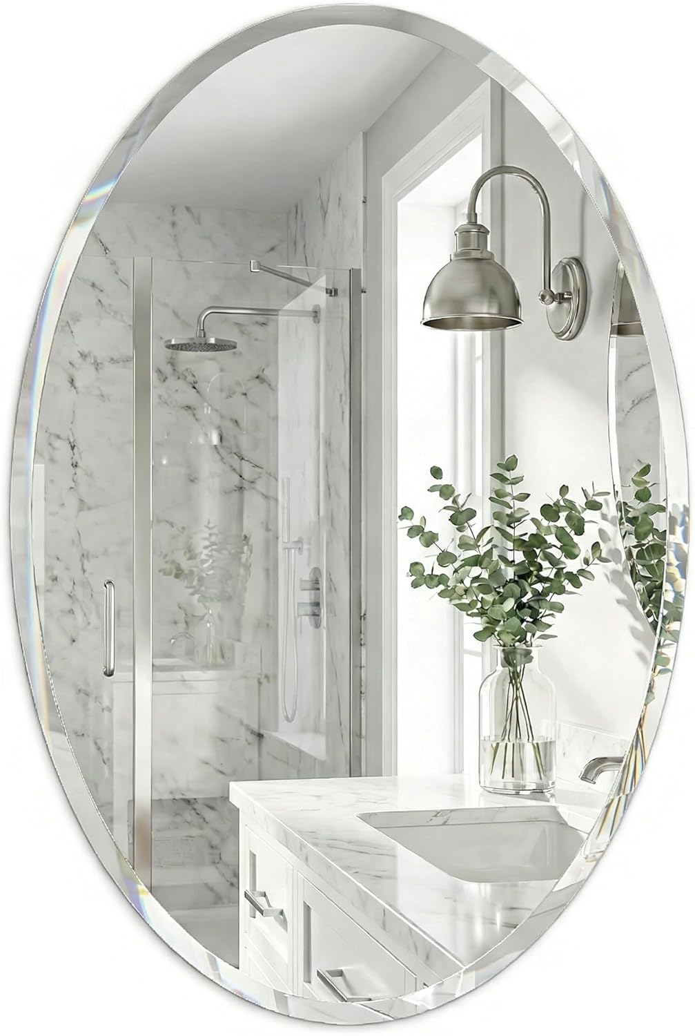 20 x 28 Inch Oval Bathroom Mirror, Frameless Beveled Vanity Mirror for Over Sink, Solid-Backed 2-Way Wall Mirror for Powder Room and Entryway