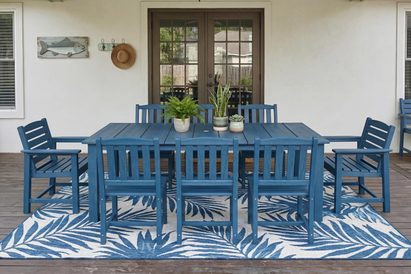 Perli™ 9-Piece Outdoor Dining Set, All-Weather HDPE Patio Furniture with 8 Ergonomic Chairs & Large Table, Built-in Umbrella Hole, UV-Resistant Set for Backyard, Deck, Poolside, Blue