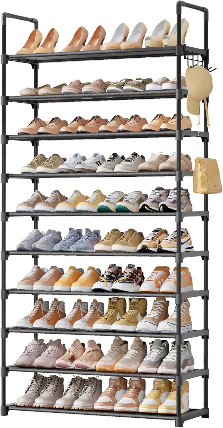 Kitsure 10 Tier Shoe Rack, Tall Shoe Organizer, 32.2″ Wide, Black | Large-Capacity Shoe Storage with Hooks, Shoe Shelf for Closet, Entryway, Bedroom, Living Room, Zapateras Organizer