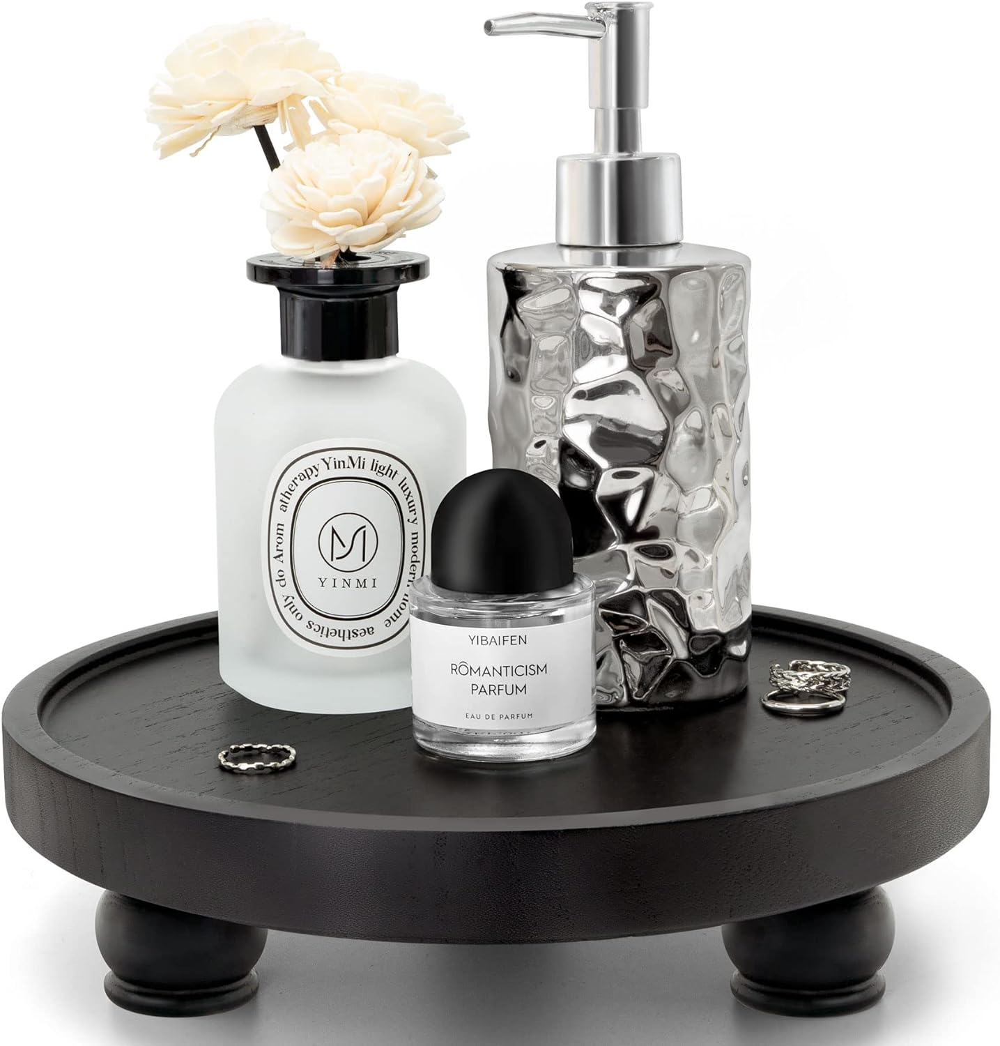 EOSAHR Modern Wood Riser for Display : Farmhouse Pedestal Stand for Kitchen Counter and Home Decor, Round Waterproof Display Tray for Soap on Sink (Black)