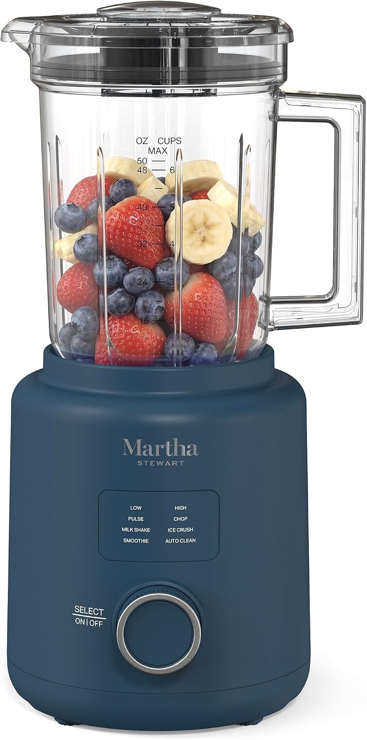 Martha Stewart 50oz Countertop Blender, Smoothie, Margarita & Ice Crushing Blender, BPA-Free Pitcher, 3 Speeds, 5 Presets, Auto-Clean Function, Dishwasher Safe, Stainless Steel Blades, Indigo Blue
