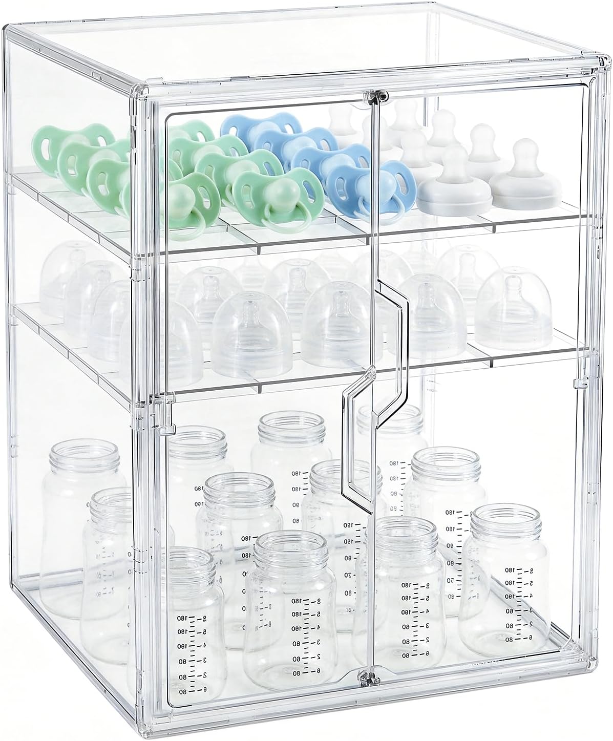 ERTIUANIO Baby Bottle Organizer – 3 Tier Acrylic Bottle Storage Organizer Container, Clear Plastic Bottle Station Organizers Drawers with Double Magnetic Doors for Countertop Kitchen Vanity, Bathroom