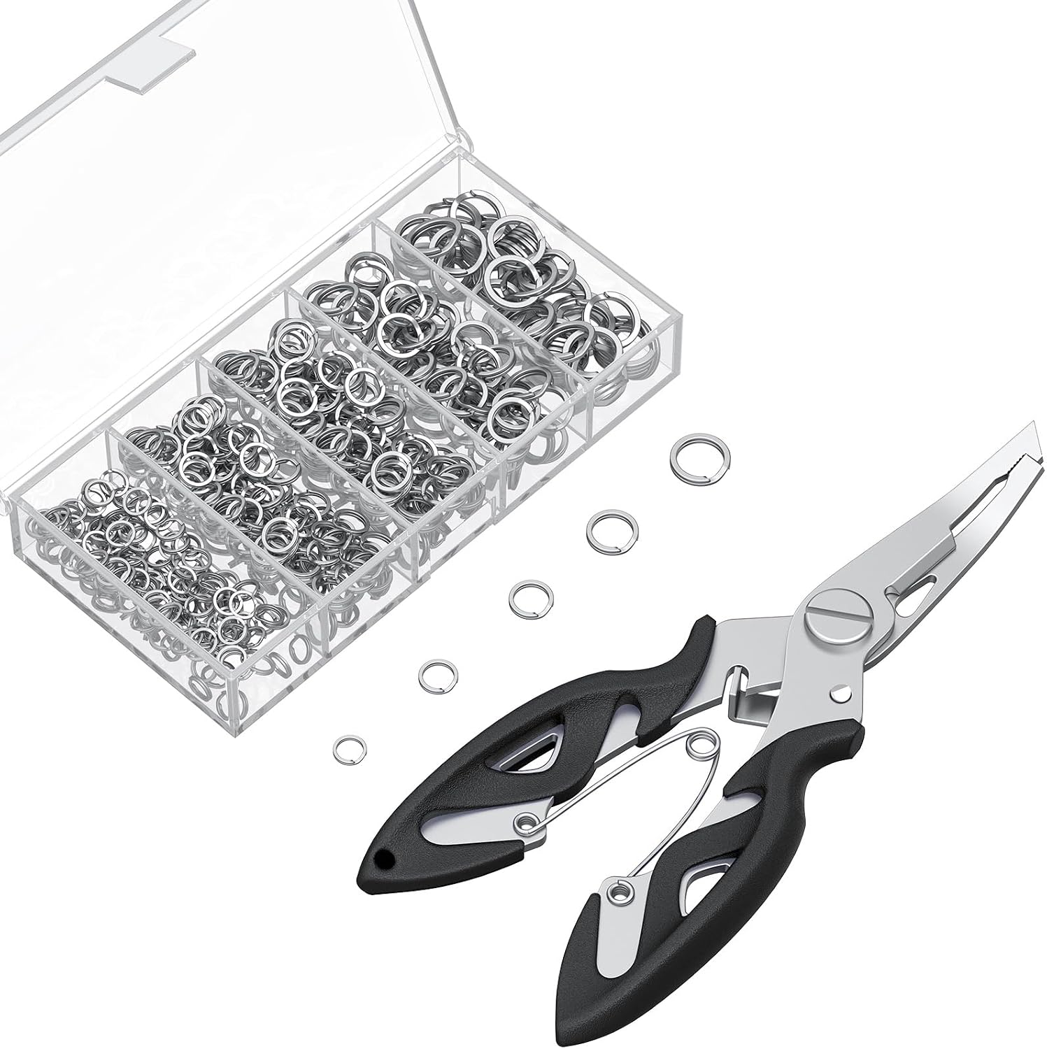 Pawfly 250 Pcs Split Rings and Split Ring Pliers, 5 Sizes Fishing Split Rings & Fishing Pliers Kit for Fishing, Fishing Lure Connectors, Stainless Steel Split Rings for Saltwater & Freshwater