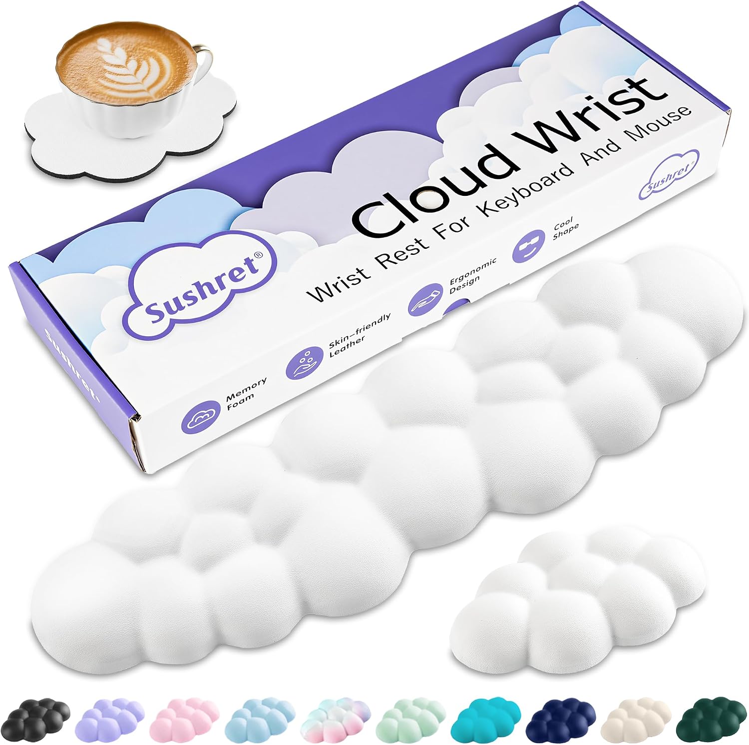 Sushret Cloud Wrist Rest Keyboard, Cloud Keyboard Wrist Pad Set with PU Leather Memory Foam, Cute Arm Rest for Palm Support, PC/Gaming Desk Accessories/Office Setup/Computer Hand Cushion – White