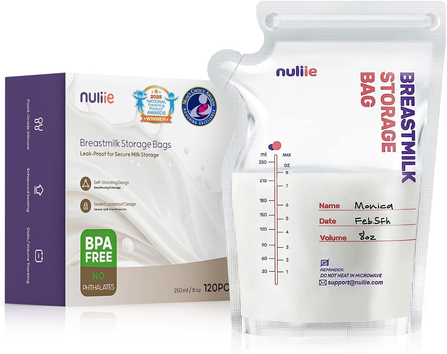 Nuliie 120 Pcs Breastmilk Storage Bags Freezer, 8 OZ Breast Milk Storing Bags, BPA-Free, Milk Storage Bags with Pour Spout for Breastfeeding, Self-Standing Bag, Space Saving Flat Profile