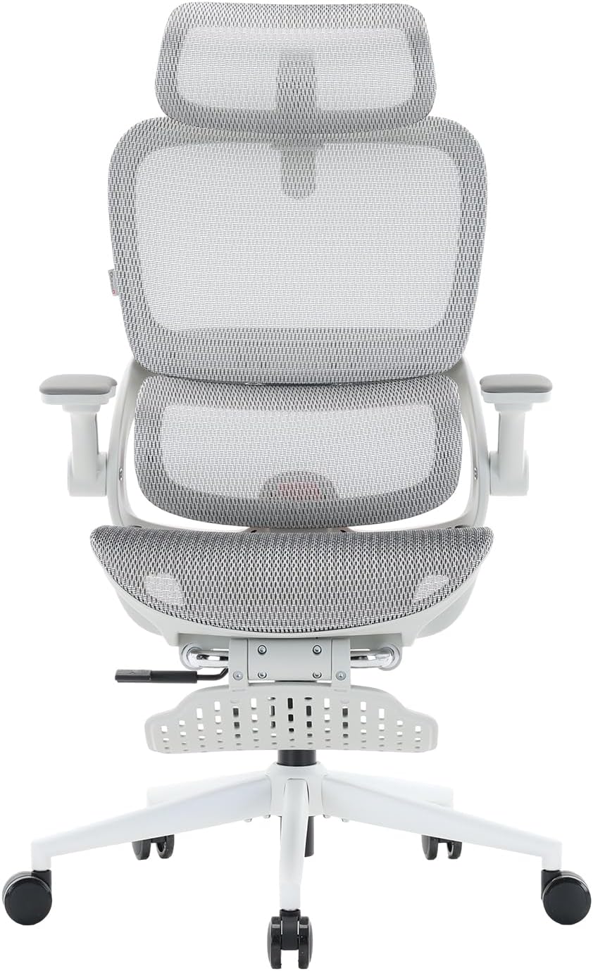 SIHOO B100 PRO Ergonomic Office Chair with Footrest, Mesh Office Chair with Adaptive Lumbar Support, Computer Chair with Wide Headrest, Desk Chair with 360° Rotatable Flip-Up Armrests, Light Grey