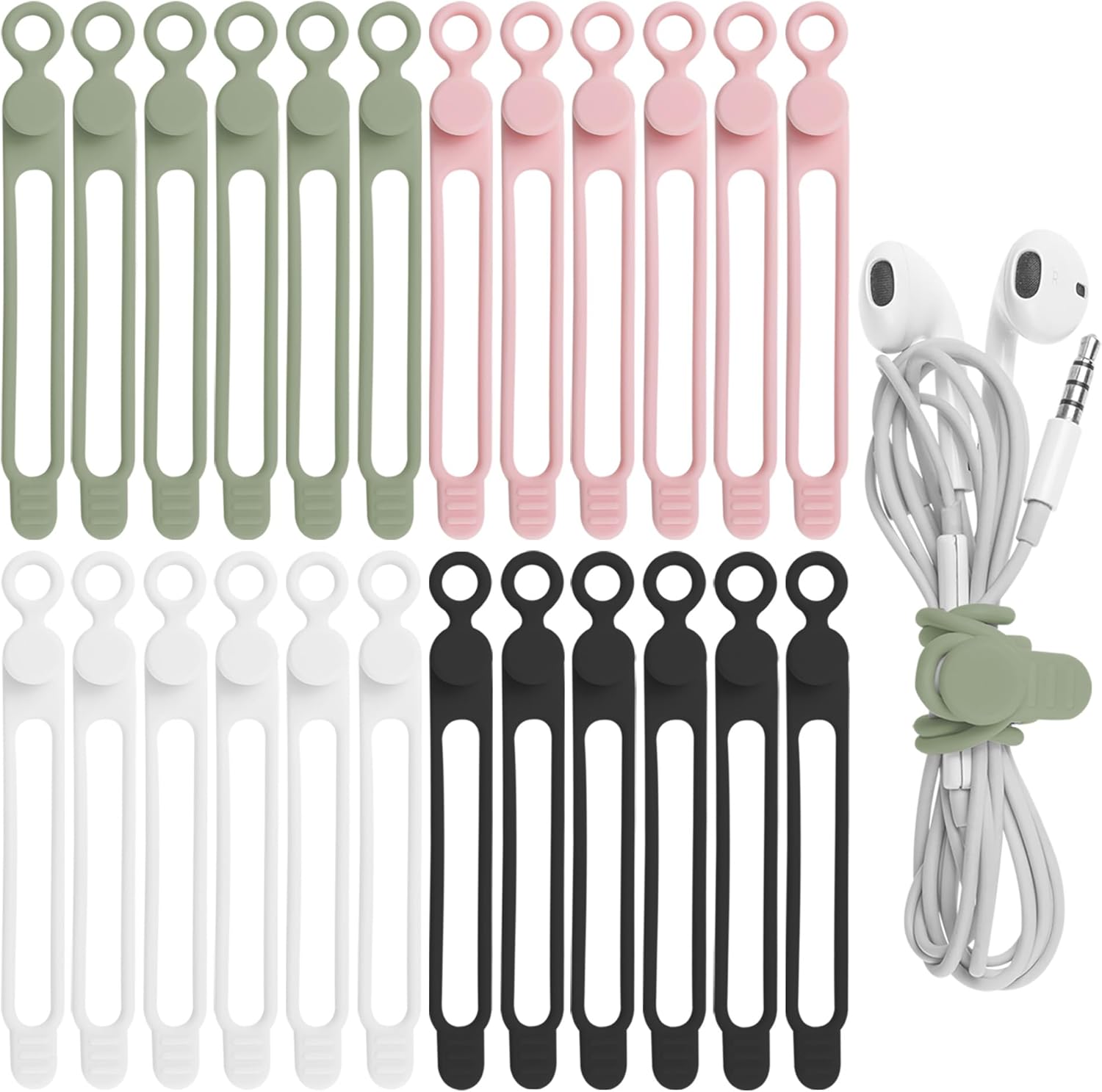 24Pcs Silicone Cable Straps Cord Organizer for Bundling Earphone, Phone Charger, Computer Cords, Reusable Cable Ties Wire Organizer in Home,Office,Kitchen,School (4 Colors)